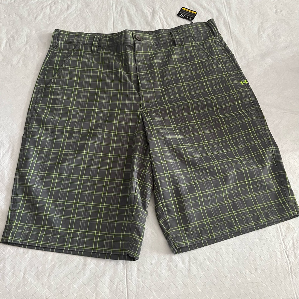 Under Armour Men’s Gray Plaid Active Shorts with Neon Green Accents